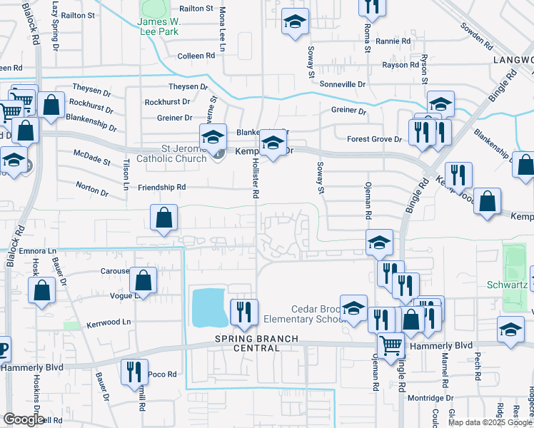 map of restaurants, bars, coffee shops, grocery stores, and more near 8764 Park Kolbe Lane in Houston