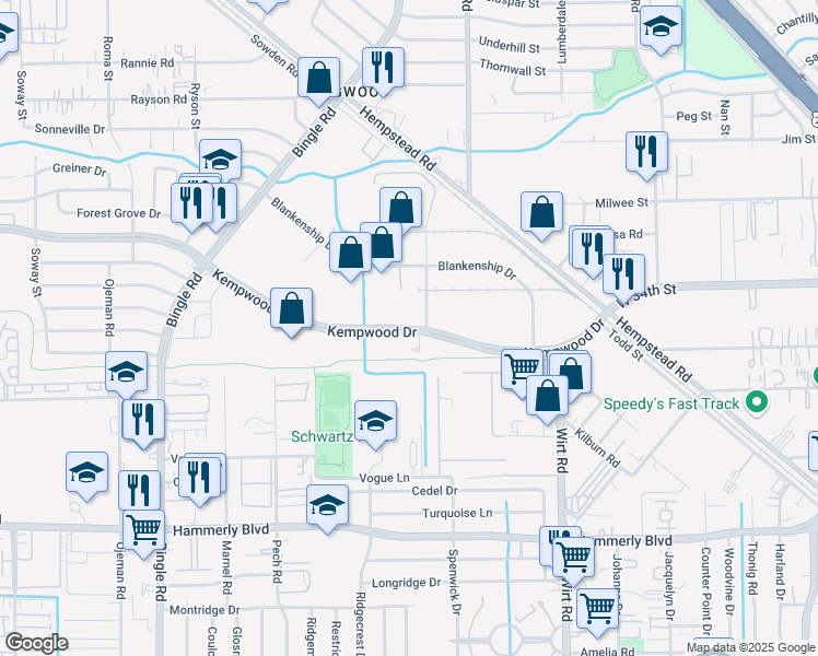 map of restaurants, bars, coffee shops, grocery stores, and more near Kempwood Drive in Houston