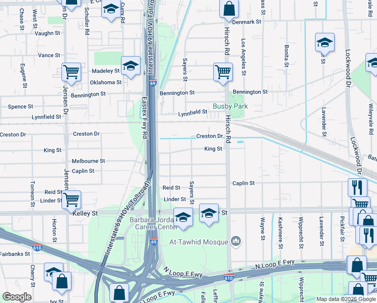 map of restaurants, bars, coffee shops, grocery stores, and more near 3929 King Street in Houston