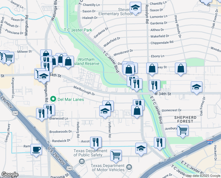 map of restaurants, bars, coffee shops, grocery stores, and more near 4000 West 34th Street in Houston
