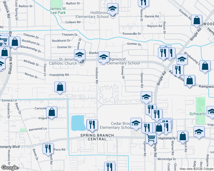map of restaurants, bars, coffee shops, grocery stores, and more near 2510 Lake Kolbe Lane in Houston