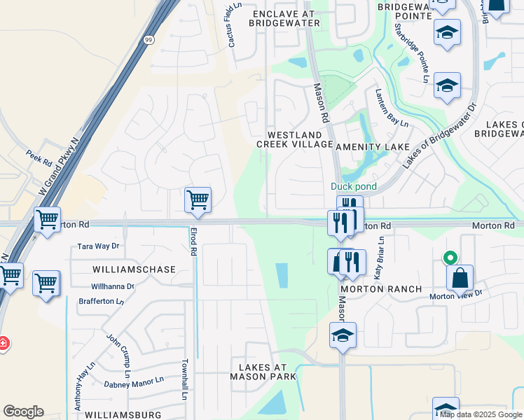 map of restaurants, bars, coffee shops, grocery stores, and more near 22142 Pearl Lake Drive in Katy
