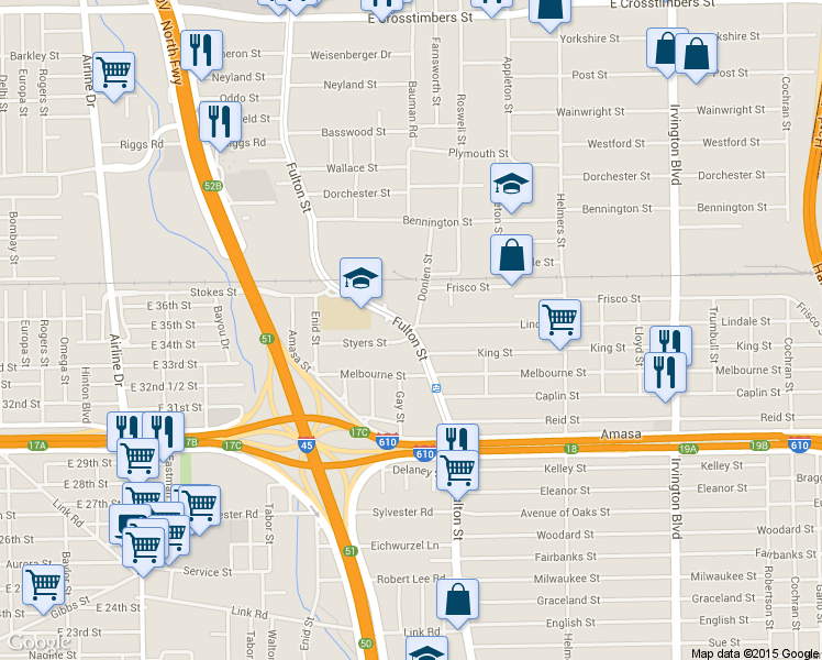 map of restaurants, bars, coffee shops, grocery stores, and more near 6677 Fulton Street in Houston