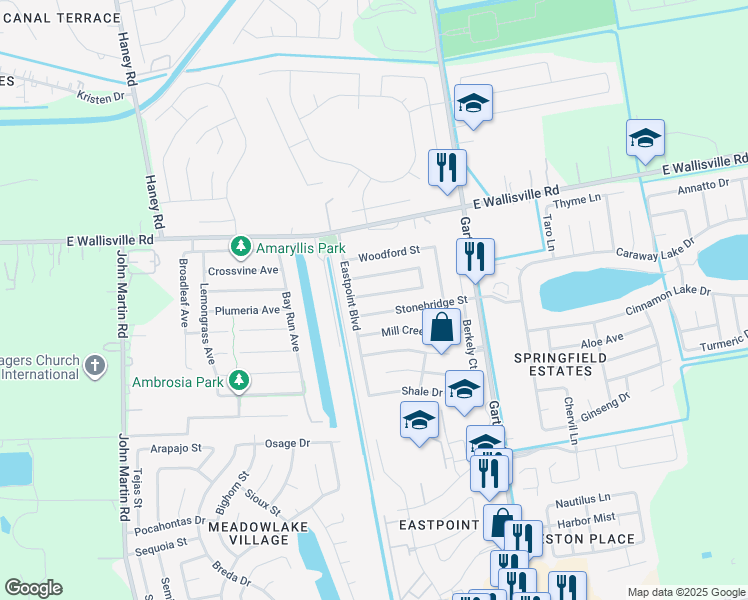map of restaurants, bars, coffee shops, grocery stores, and more near 4714 Black Rock Street in Baytown