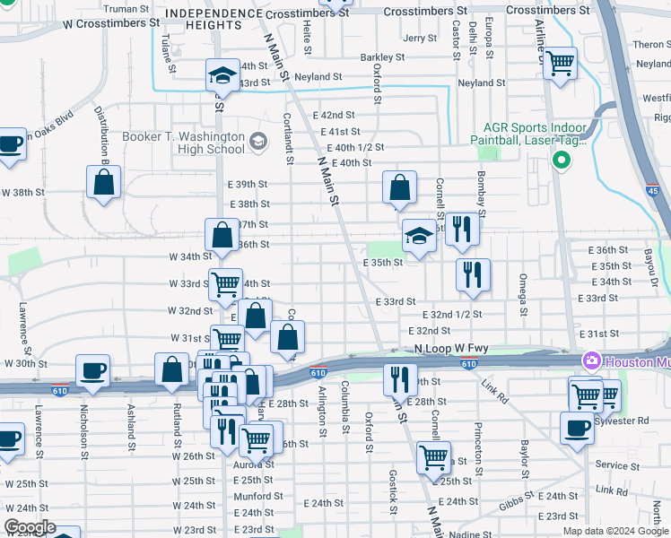 map of restaurants, bars, coffee shops, grocery stores, and more near 414 East 35th Street in Houston