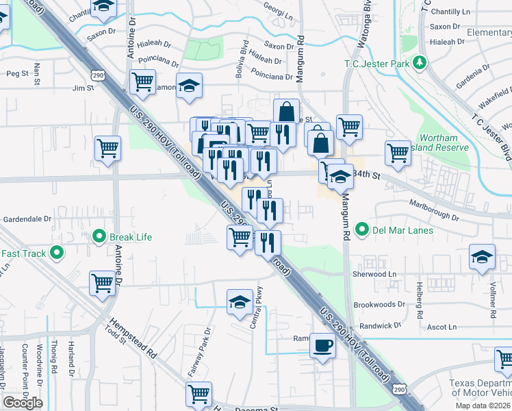 map of restaurants, bars, coffee shops, grocery stores, and more near 5005 West 34th Street in Houston