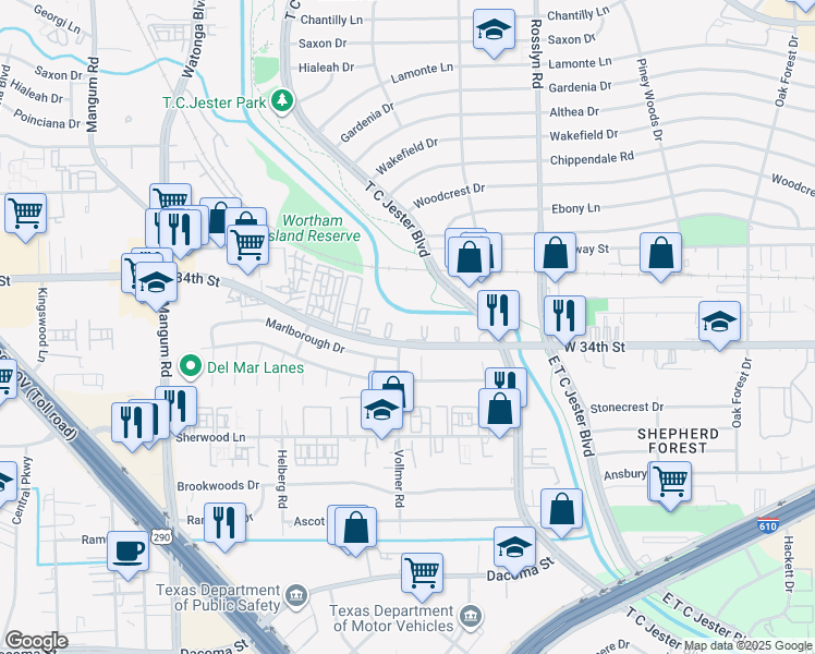 map of restaurants, bars, coffee shops, grocery stores, and more near 4000 West 34th Street in Houston