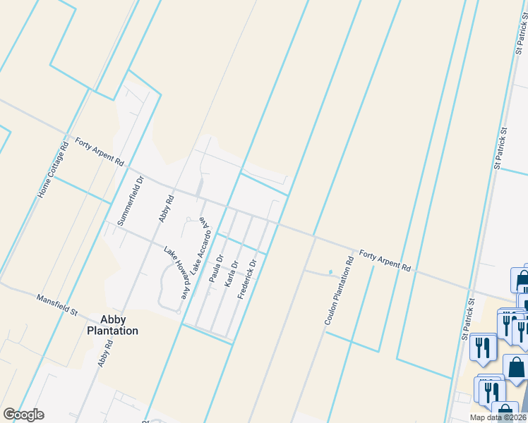 map of restaurants, bars, coffee shops, grocery stores, and more near 819 Serenity Drive in Thibodaux