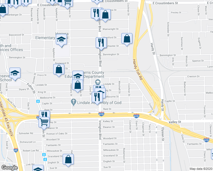 map of restaurants, bars, coffee shops, grocery stores, and more near 808 Lindale Street in Houston