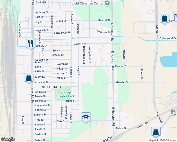 map of restaurants, bars, coffee shops, grocery stores, and more near 6030 Wedgefield Street in Houston