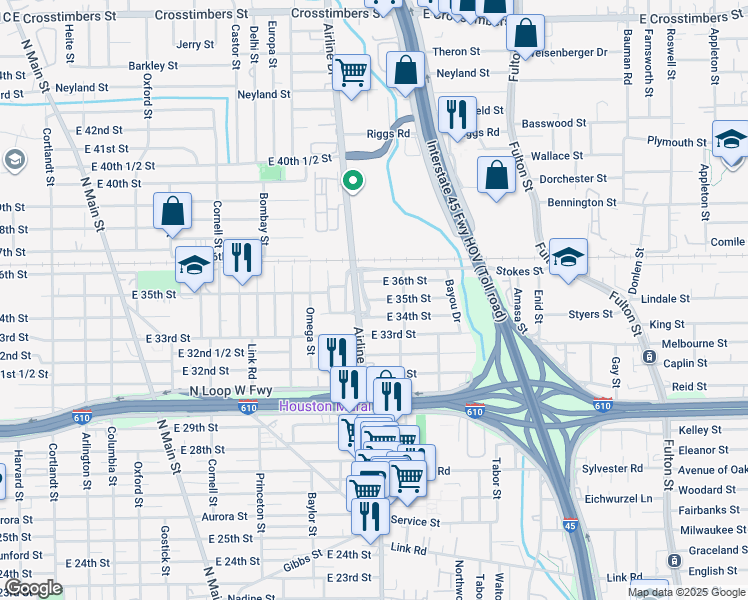 map of restaurants, bars, coffee shops, grocery stores, and more near 1314 East 36th Street in Houston