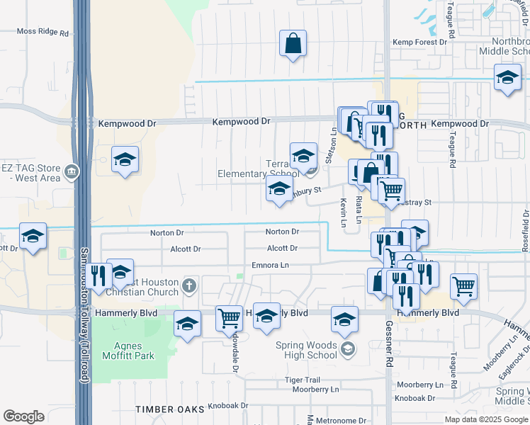 map of restaurants, bars, coffee shops, grocery stores, and more near 2615 Fontana Drive in Houston