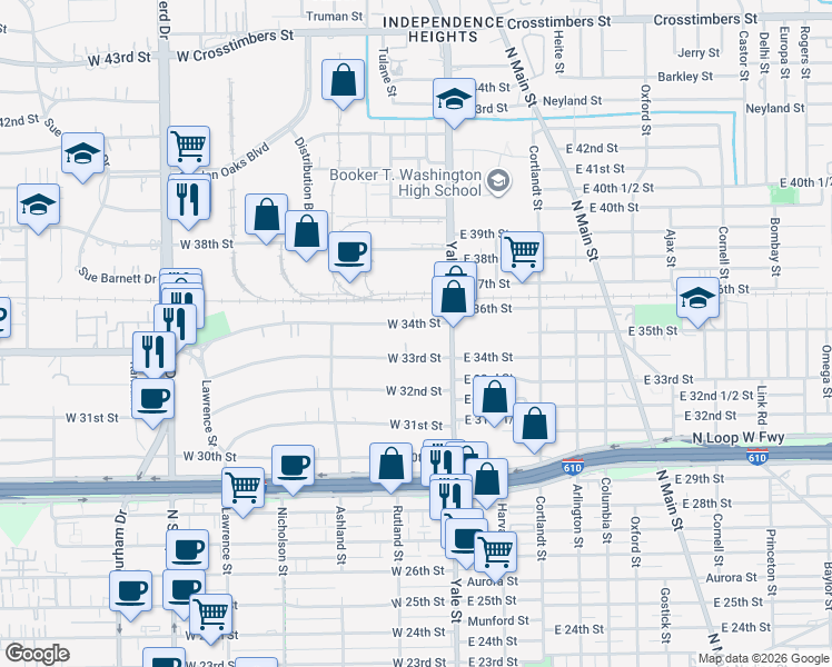map of restaurants, bars, coffee shops, grocery stores, and more near 232 West 34th Street in Houston