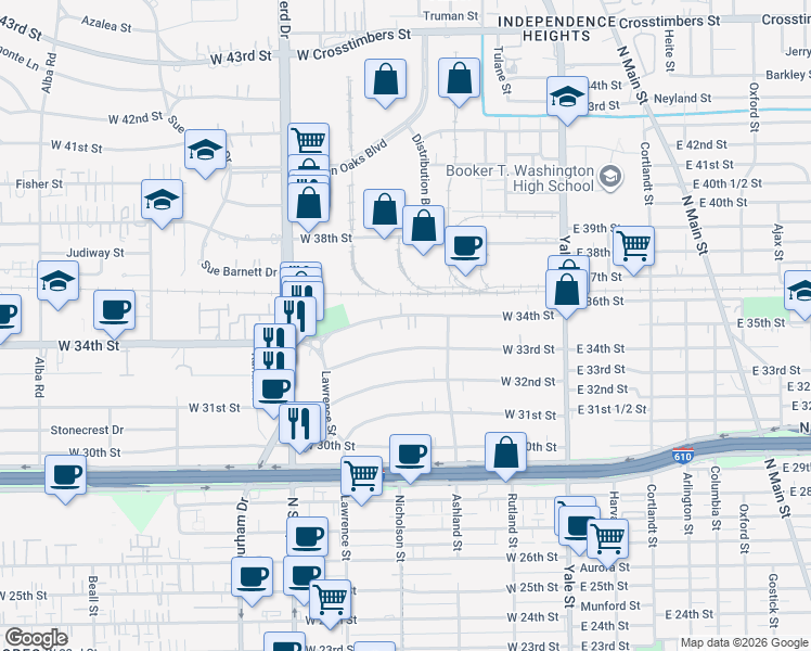 map of restaurants, bars, coffee shops, grocery stores, and more near 428 West 34th Street in Houston
