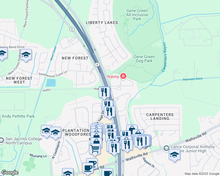 map of restaurants, bars, coffee shops, grocery stores, and more near 6500 East Sam Houston Parkway North in Houston
