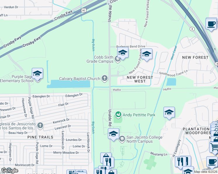 map of restaurants, bars, coffee shops, grocery stores, and more near 6416-6538 Uvalde Rd in Houston
