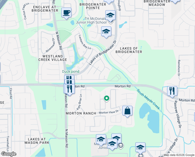 map of restaurants, bars, coffee shops, grocery stores, and more near 2818 Crestbrook Bend Lane in Katy