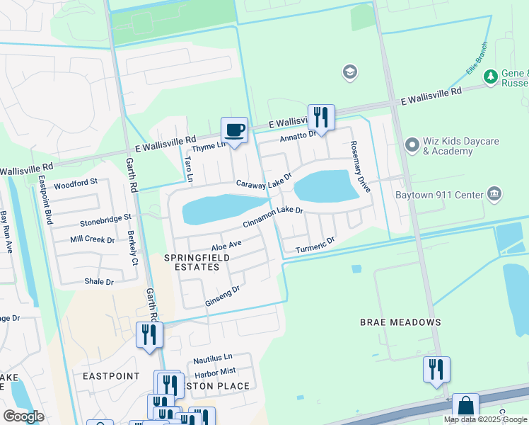 map of restaurants, bars, coffee shops, grocery stores, and more near 5519 Cinnamon Lake Drive in Baytown