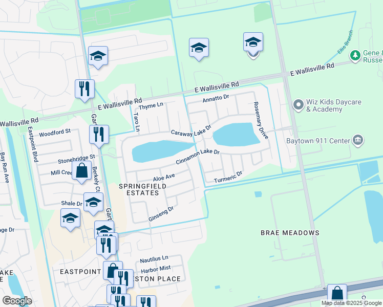 map of restaurants, bars, coffee shops, grocery stores, and more near 5519 Cinnamon Lake Drive in Baytown