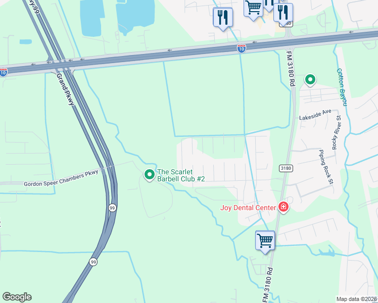 map of restaurants, bars, coffee shops, grocery stores, and more near Legends Bay Drive in Baytown