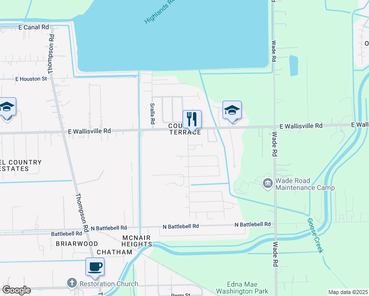map of restaurants, bars, coffee shops, grocery stores, and more near 2310 East Wallisville Road in Highlands