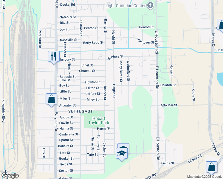 map of restaurants, bars, coffee shops, grocery stores, and more near 6126 Bacher Street in Houston