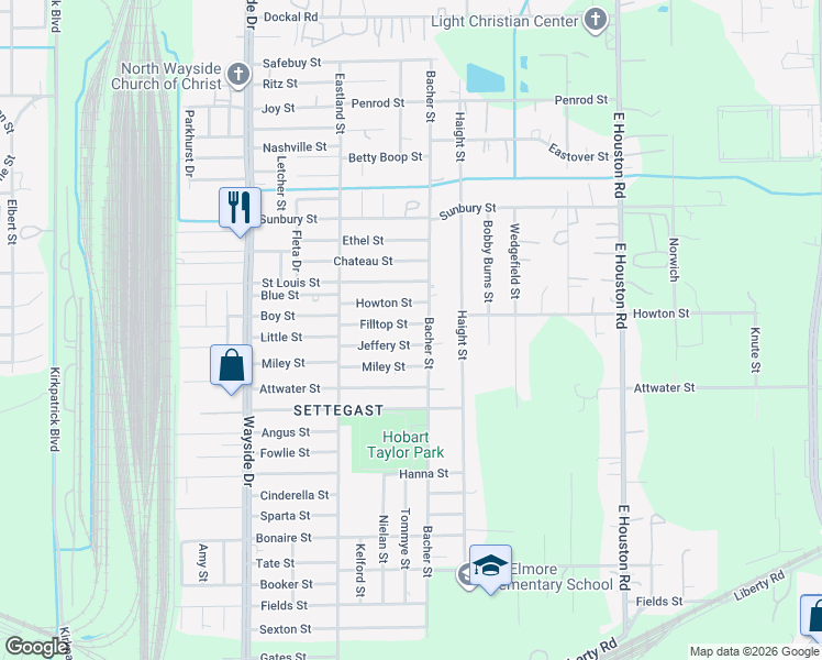 map of restaurants, bars, coffee shops, grocery stores, and more near 8123 Filltop Street in Houston