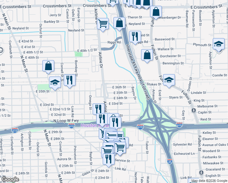 map of restaurants, bars, coffee shops, grocery stores, and more near 1314 East 36th Street in Houston