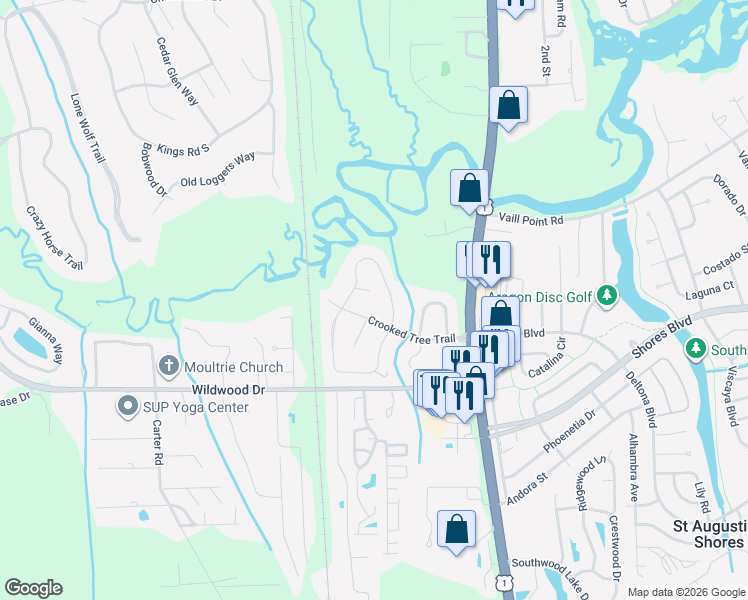 map of restaurants, bars, coffee shops, grocery stores, and more near 407 Camelia Trail in St. Augustine