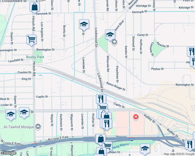 map of restaurants, bars, coffee shops, grocery stores, and more near 6406 Lockwood Drive in Houston