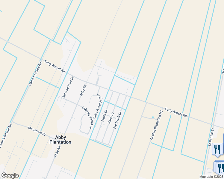 map of restaurants, bars, coffee shops, grocery stores, and more near Forty Arpent Road in Thibodaux