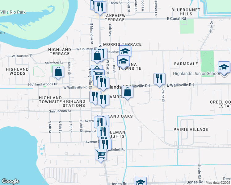 map of restaurants, bars, coffee shops, grocery stores, and more near 205 East Wallisville Road in Highlands