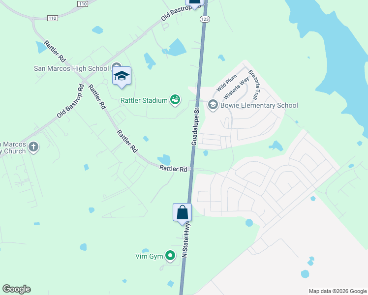 map of restaurants, bars, coffee shops, grocery stores, and more near 104 Flatland Trail in San Marcos