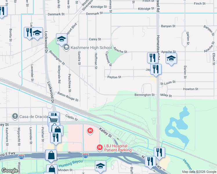 map of restaurants, bars, coffee shops, grocery stores, and more near 6767 Bennington Street in Houston