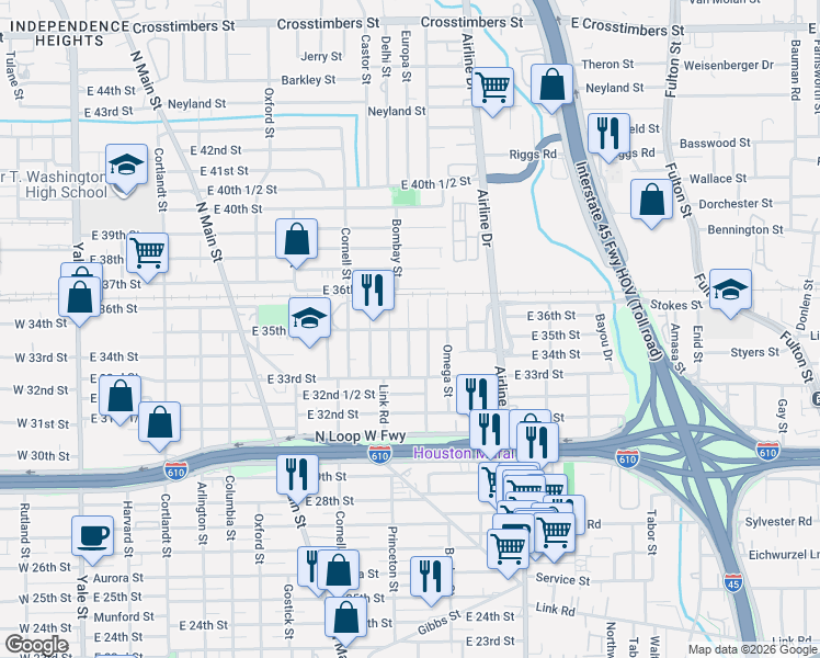 map of restaurants, bars, coffee shops, grocery stores, and more near 3506 Europa Street in Houston