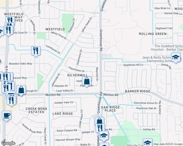 map of restaurants, bars, coffee shops, grocery stores, and more near 3419 Maymist Drive in Katy