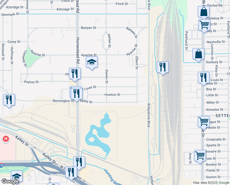 map of restaurants, bars, coffee shops, grocery stores, and more near 7326 Saint Louis Street in Houston