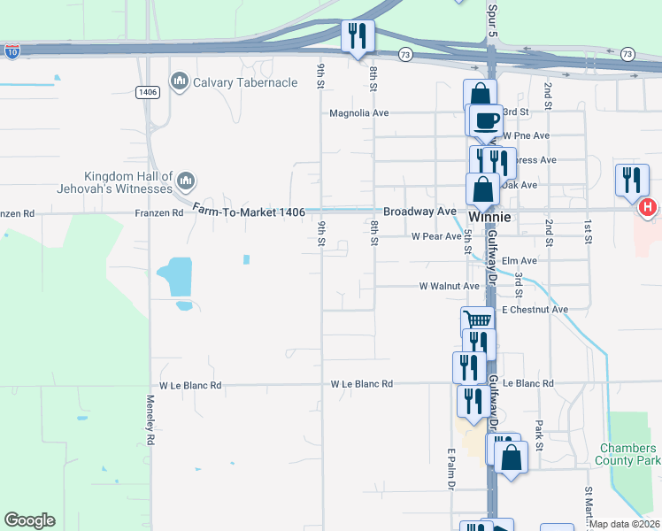 map of restaurants, bars, coffee shops, grocery stores, and more near 807 9th Street in Winnie