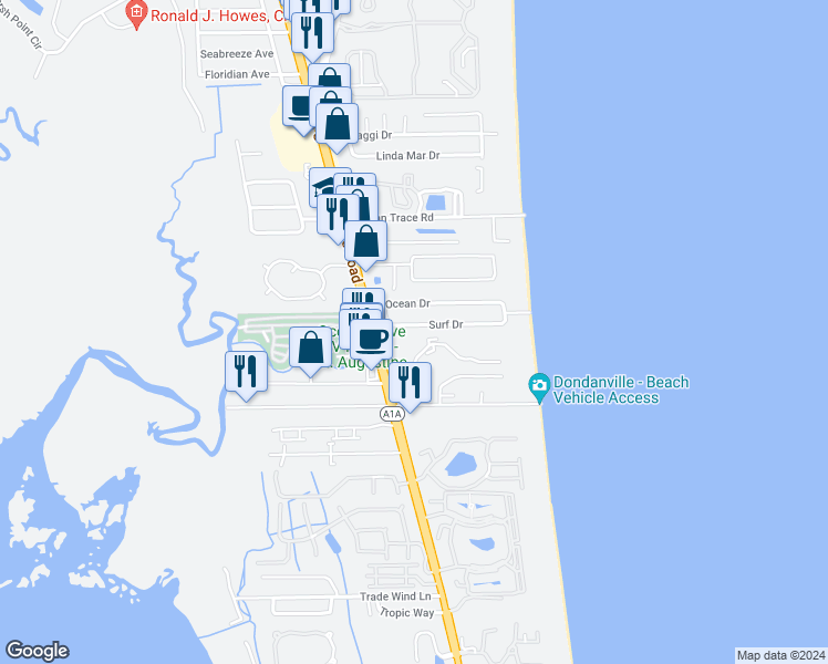 map of restaurants, bars, coffee shops, grocery stores, and more near 77 Surf Drive in St. Augustine