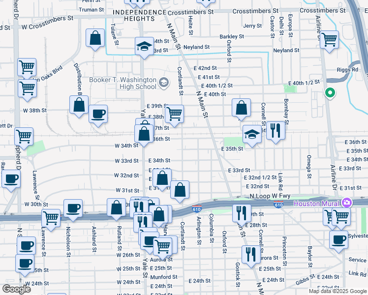map of restaurants, bars, coffee shops, grocery stores, and more near 301 East 35th Street in Houston