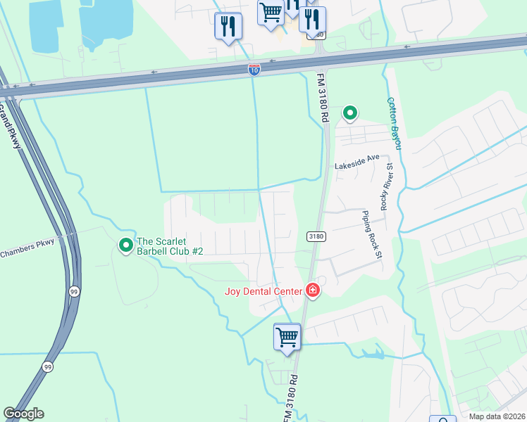 map of restaurants, bars, coffee shops, grocery stores, and more near 8426 Montego Bay Drive in Baytown