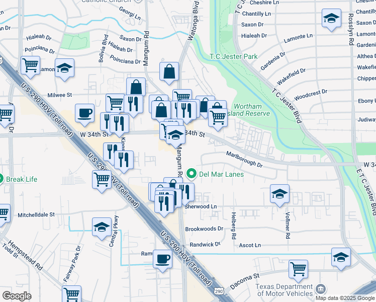 map of restaurants, bars, coffee shops, grocery stores, and more near 3200 Mangum Road in Houston