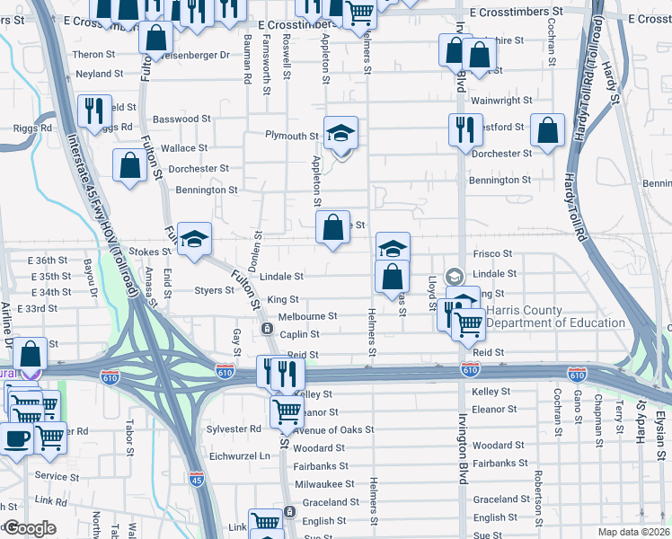 map of restaurants, bars, coffee shops, grocery stores, and more near 323 Lindale Street in Houston