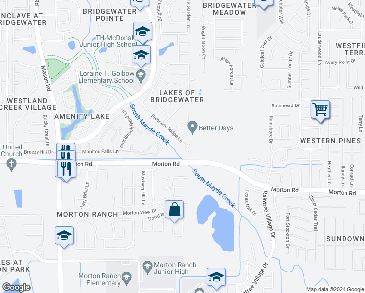 map of restaurants, bars, coffee shops, grocery stores, and more near 21031 Riverside Ridge Lane in Katy