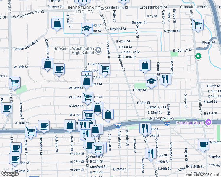 map of restaurants, bars, coffee shops, grocery stores, and more near 301 East 35th Street in Houston