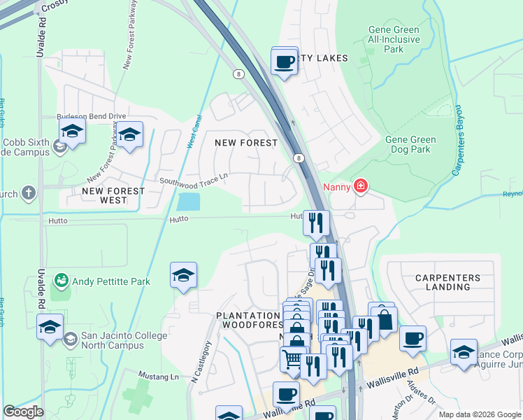 map of restaurants, bars, coffee shops, grocery stores, and more near 15226 Russelfern Lane in Houston