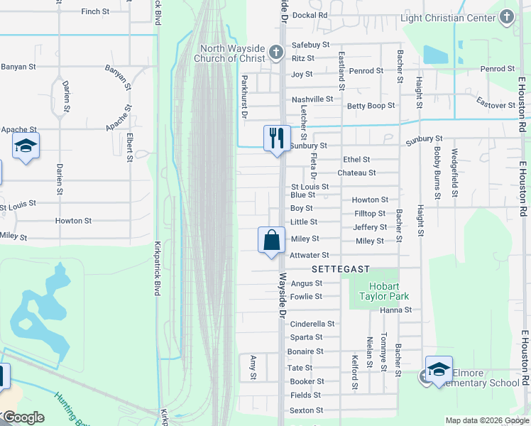 map of restaurants, bars, coffee shops, grocery stores, and more near 6214 Amy Street in Houston