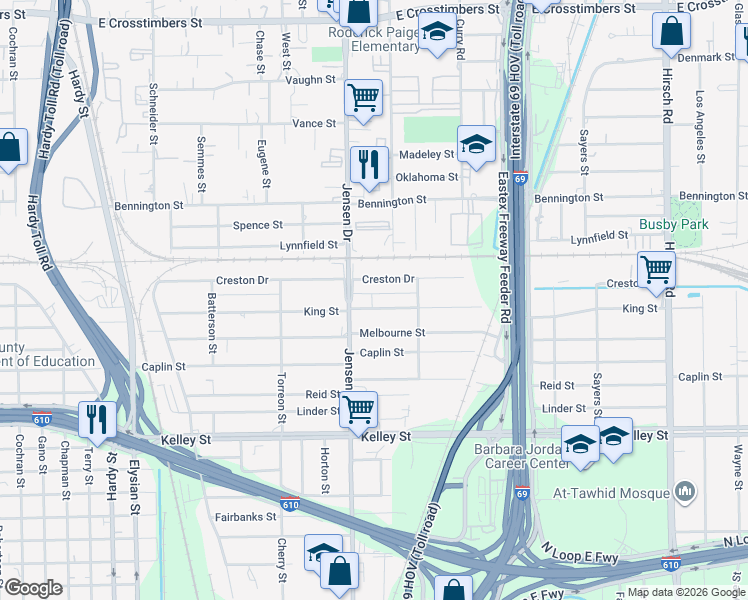 map of restaurants, bars, coffee shops, grocery stores, and more near 2909 King Street in Houston