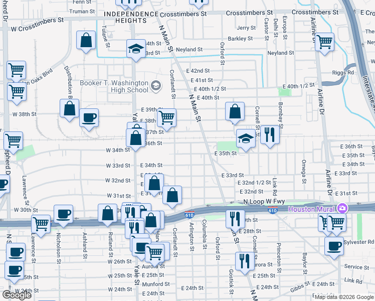 map of restaurants, bars, coffee shops, grocery stores, and more near 310 East 36th Street in Houston