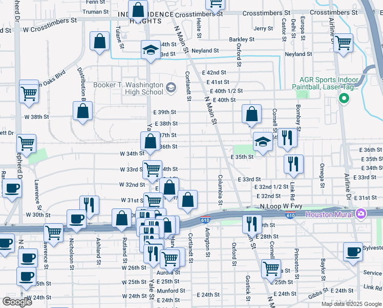 map of restaurants, bars, coffee shops, grocery stores, and more near 310 East 36th Street in Houston